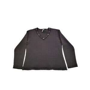 Focus Waffle Knit Preshrunk Cotton Top Women's M Black V-Neck Fringe Studs Boxy